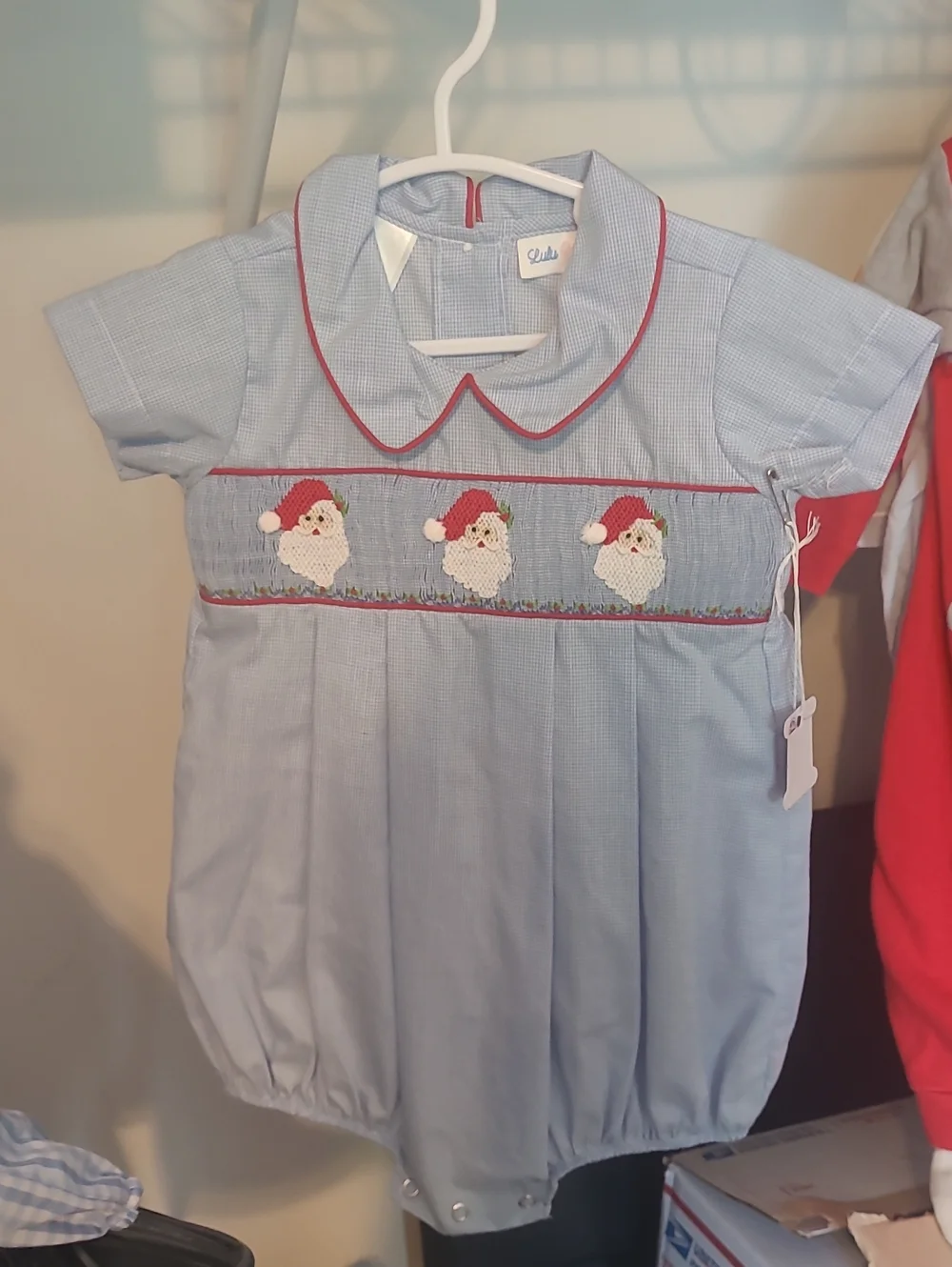 Blue Smocked Santa One-Piece Romper by Luli & Me